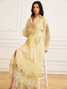 GENKIRA Solid Color Lace Patchwork See-Through Effect Shirt-Style Dress With Tied Waist And Long Sleeves For Women - Yellow - View 6