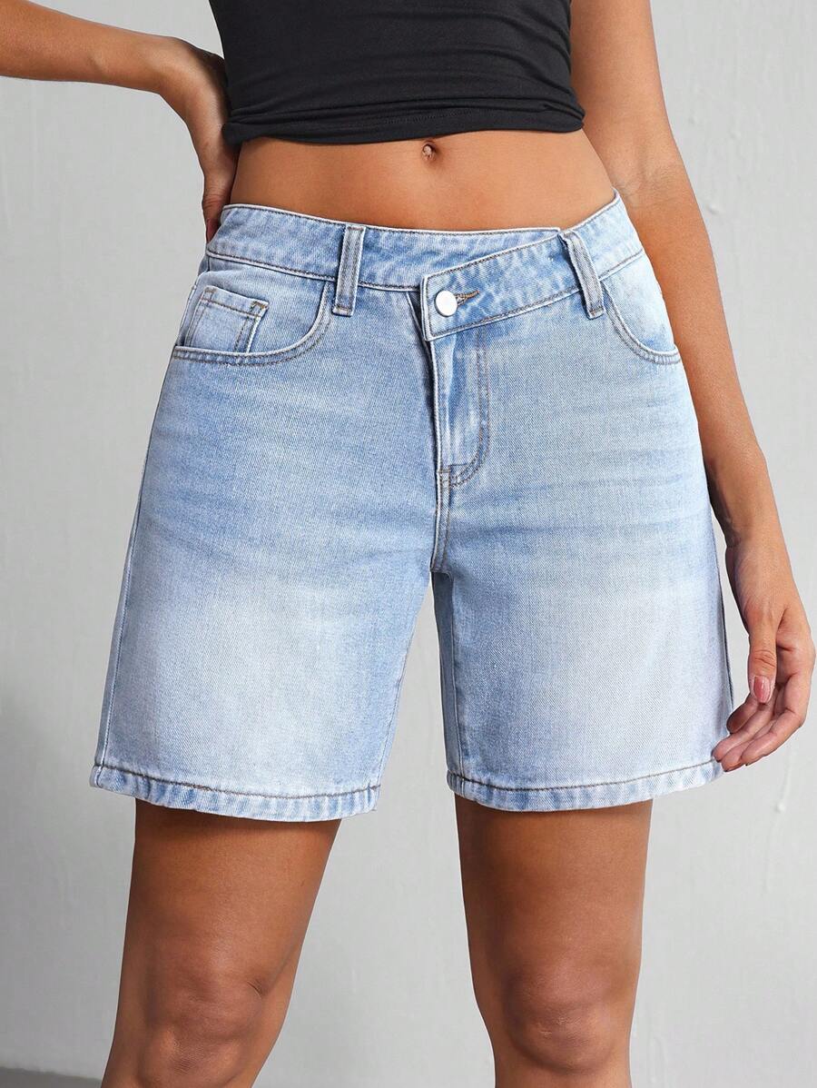 SHEIN Tall 女士休闲水洗不对称腰线牛仔短裤，夏季 - 淺色水洗藍 - 查看 1