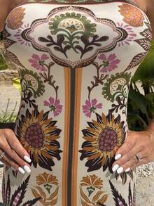 Manon Tanti Spring/Summer Outfits Boho Vacation Elegant Casual Western Wear Music Festival For Women Apricot National Positioning Print Bodice Sheath Mid-Length Dress - Multicolor - View 4