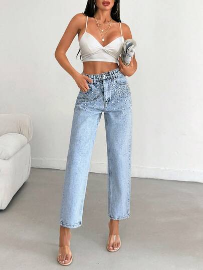 EURMUSE 100% Cotton High Waist Straight Leg Casual Denim Jean