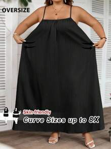 SHEIN CURVE+ Curve Plus Size/Autumn Clothes /Fall Women Clothes/Winter Clothes For Women/Winter ClothesPlus Size Solid Pleated Detail Casual Cami Dress,Suitable For Birthday Party, Graduation Ceremony, Student Wear, Casual Daily, Vacation Curve Maxi Dress Curve Summer Dress Plus Size Maxi Dress Plus Size Sundress Curvy Maxi Sundress,Holiday Outfits For Women