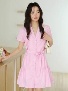 K-Vae Women's Pink Stripe Summer Casual Brunch Shirt Mini Dress,Short Sleeve Single Breasted Mottled Collar College Dress,Back To School Teacher Outfits - Baby Pink - View 3