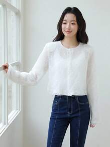 SHEIN Unity Women's White Cropped Textured Fuzzy Jacket,Long Sleeve Round Neck Lightweight Knitted Outerwear,Elegant Autumn Clothes Perfect For Tea Party Chic - White - View 1