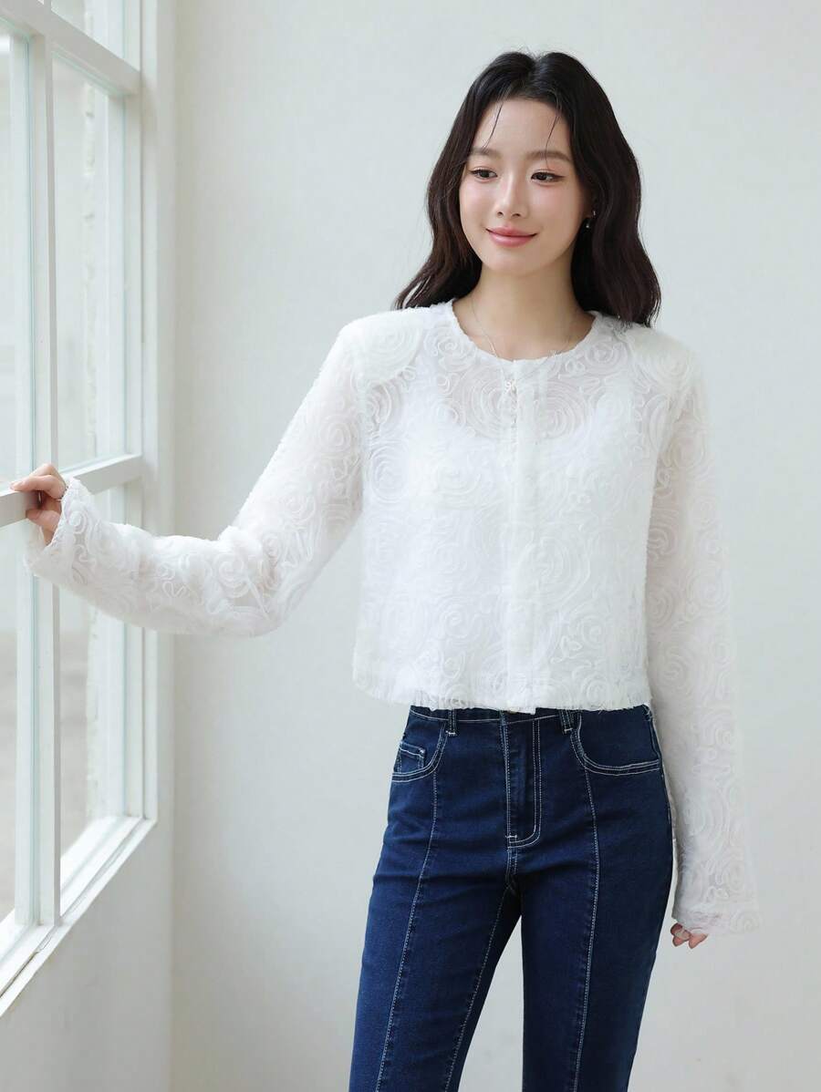 SHEIN Unity Women's White Cropped Textured Fuzzy Jacket,Long Sleeve Round Neck Lightweight Knitted Outerwear,Elegant Autumn Clothes Perfect For Tea Party Chic - White - View 1
