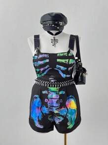 Flirla Women's Colorful Skeleton Punk Style Sleeveless Overalls, Rave Outfit
