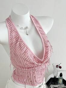 SHEIN Unity 女式性感亮片流苏露背吊带背心，夏季 - 粉色 - 查看 1
