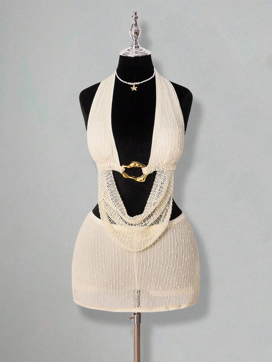 SHEIN ICON Set de 2 piezas de top corto halter sin espalda y minifalda de talle bajo para mujer - Blanco - Ver 1