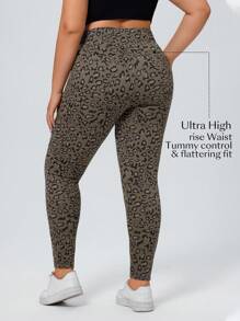 SHEIN Essnce Jeans casuales ajustados de talla grande para mujer con estampado de leopardo y cordón en la cintura - Gris - Ver 2