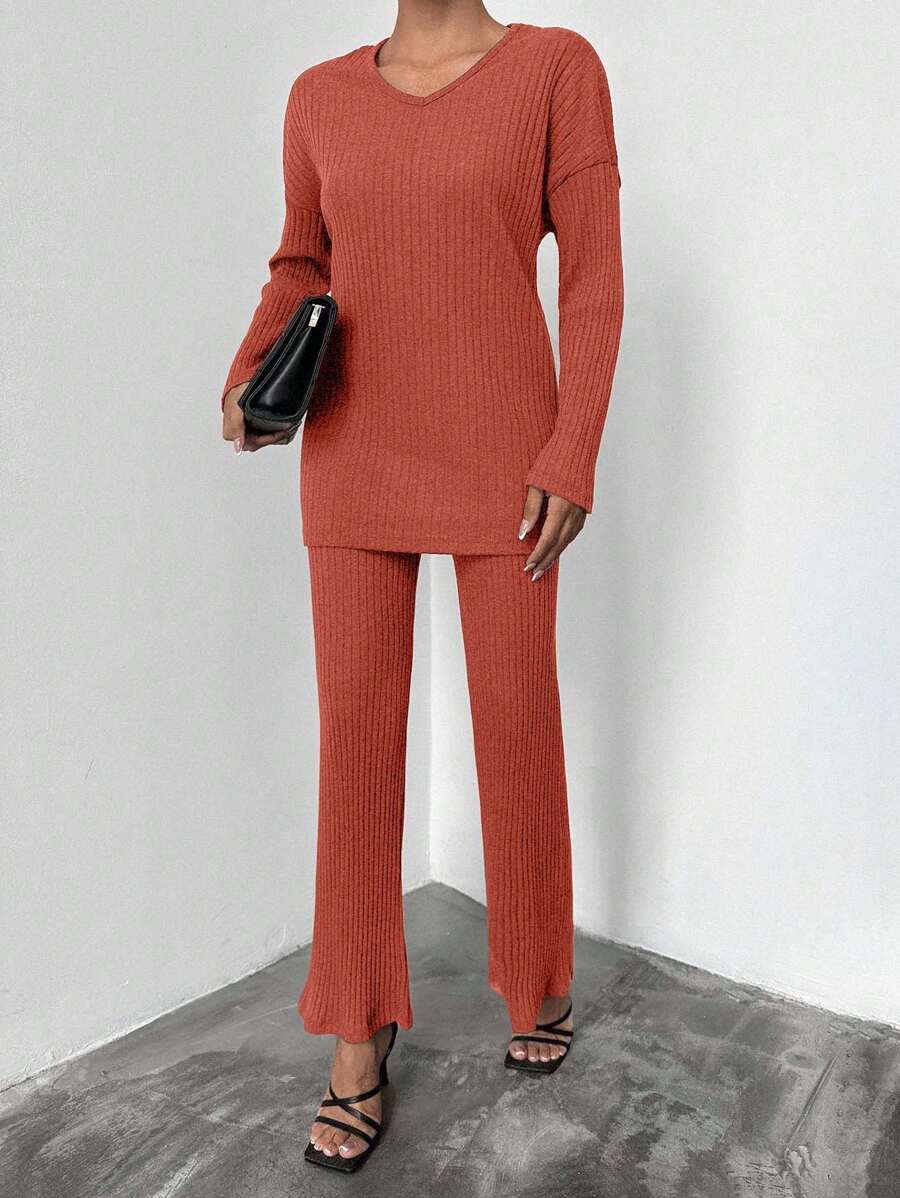 EURMUSE 2pcs/Set Women Casual Solid Long Sleeve Top And Pants Set - Redwood - View 1