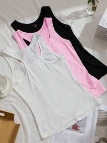 SHEIN EZwear 3 件套女士黑色、白色、粉色工字背心、瑜伽衫、宽肩带无袖健身上衣，适合夏季 - 彩色 - 查看 2