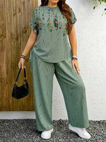 EMERY ROSE 2pcs/Set Glitter Feather Print & Leopard Pattern Casual Plus Size Outfit, Suitable For Summer Women 2 Pieces Sets Suitable For Going Out,Holiday Outfits For Women - Multicolor - View 2