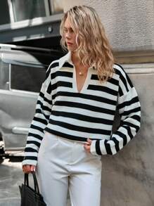 EURMUSE 女士条纹 Polo 领落肩套头衫 - 黑與白 - 查看 6