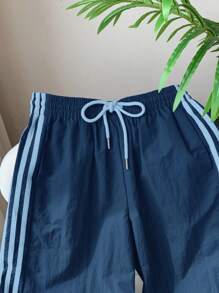 Comfortcana 女士朦胧蓝色侧条纹松紧腰休闲宽松运动裤 - 霧霾藍 - 查看 3