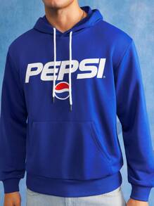 PEPSI X SHEIN 男士休闲日常字母图案口袋抽绳连帽衫，秋季 - 藍色 - 查看 5