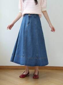 K-Vae Women's Denim Blue Commuter A-Line Denim Skirt,Korean Style Fall Women Clothes,Teacher Outfits For Women,Back To School,Denim For Women,Teacher Outfits For Women