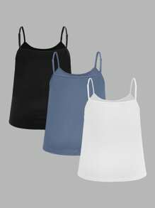 SHEIN EZwear 3pcs Plus Size Women Pleated Loose Camisole Adjustable Strap Top, Suitable For Spring And Summer Back To School