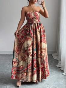 Elenzga Đầm hở lưng in hoa lãng mạn thanh lịch cỡ lớn cho ngày lễ, Đầm dài họa tiết hoa rộng rãi - Nhiều màu - Xem 7
