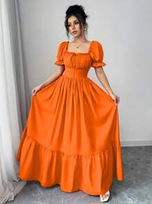 Rafferiza 女式方领泡泡袖前系带露背束腰连衣裙 - 橘色 - 查看 5