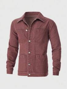 Manfinity Homme Allo Fu 超大休闲牛仔夹克，复古/复古风格宽松工装上衣，春秋季 - 紅木色 - 查看 1