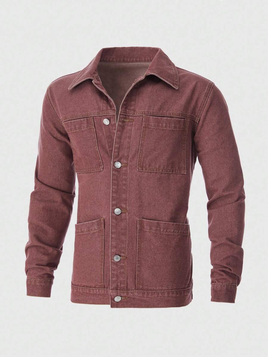 Manfinity Homme Allo Fu 超大休闲牛仔夹克，复古/复古风格宽松工装上衣，春秋季 - 紅木色 - 查看 1