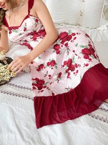 CottageSlumber Ditsy Floral Sheer Mesh Ruffle Trim Sleeveless Women Nightgown - Burgundy - View 6