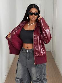 Maweii Women's Casual PU Leather Splicing Ribbed Drop Shoulder Long Sleeve Metal Zipper Jacket/Bomber Winter Fall Autumn - Red - View 6