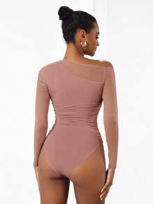 Cheerfulab Body asimétrico con abertura y hombros descubiertos, de tela de malla transparente, para mujeres, ideal para vacaciones, primavera y verano, playa - Rosa - Ver 2