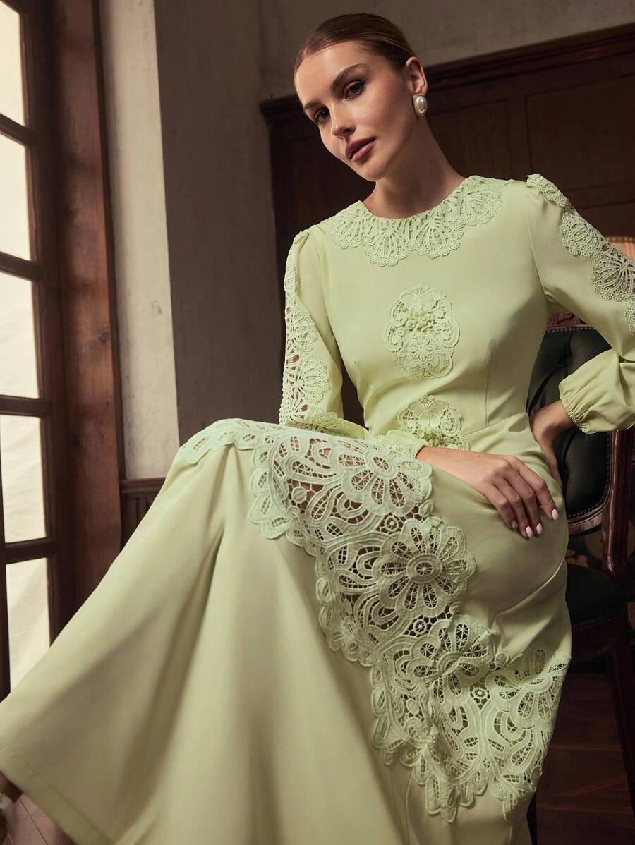 ZEYLAH Đầm ren tương phản cổ tròn tay dài thanh lịch cho nữ - màu xanh lá - Xem 1