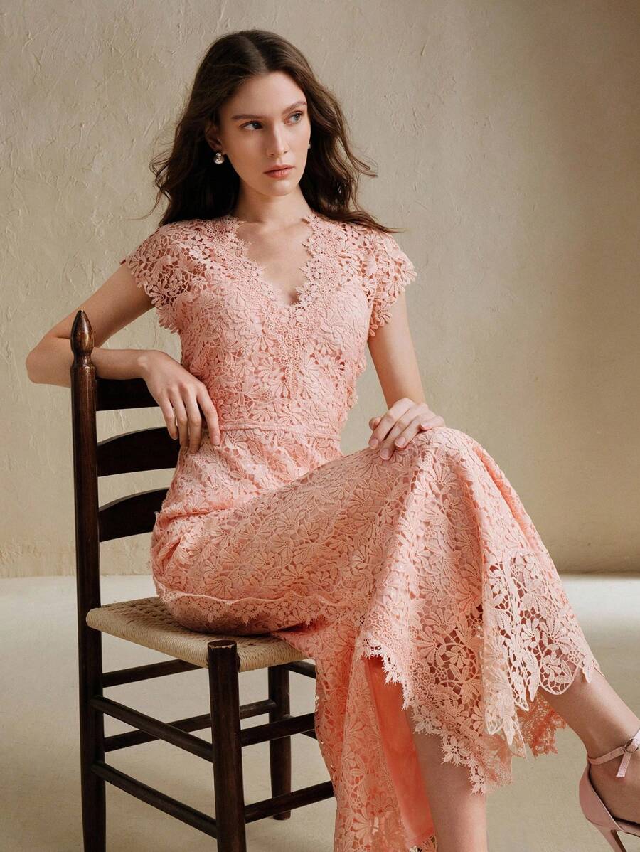 Anewsta 浪漫宴会性感V领蕾丝刺绣串珠盖袖女式连衣裙