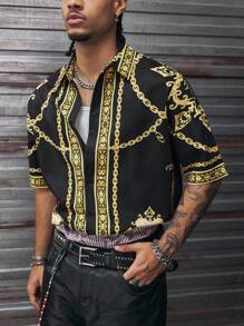 AXEPEAK 男士夏季度假休闲链条印花落肩宽松衬衫