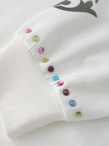 ROMWE MEN Street Life Áo nỉ trùm đầu đính đá in chữ và hoa cho nam - trắng - Xem 2