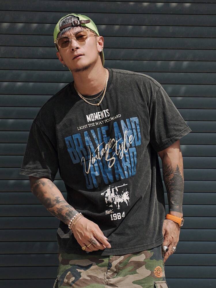 Men's Summer Black Letter Printed Distressed Street-Style T-Shirt