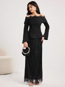 Modelyn Women's Contrast Lace Off-Shoulder Flare Sleeve Top And Skirt Elegant 2 Pieces Set Off Shoulder Formal Dress Long Sleeve Formal Dress Black Lace Formal Dress Elegant Black Dress,Women Stylish Casual Fall Autumn Outfits, Cute Vintage Modest Women Outfits, Back To School School Outfits, Back To School Dresses, Women Teacher Outfits,Fashionable Casual Elegant Women's Clothing, Autumn Women's Shirt Dresses, Women's Shirt Dresses With Straps, Dresses For Mom, Romantic Tops Party Wear - Black - View 1