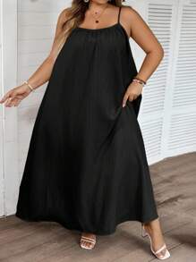 SHEIN CURVE+ Curve Plus Size/Autumn Clothes /Fall Women Clothes/Winter Clothes For Women/Winter ClothesPlus Size Solid Pleated Detail Casual Cami Dress,Suitable For Birthday Party, Graduation Ceremony, Student Wear, Casual Daily, Vacation Curve Maxi Dress Curve Summer Dress Plus Size Maxi Dress Plus Size Sundress Curvy Maxi Sundress,Holiday Outfits For Women