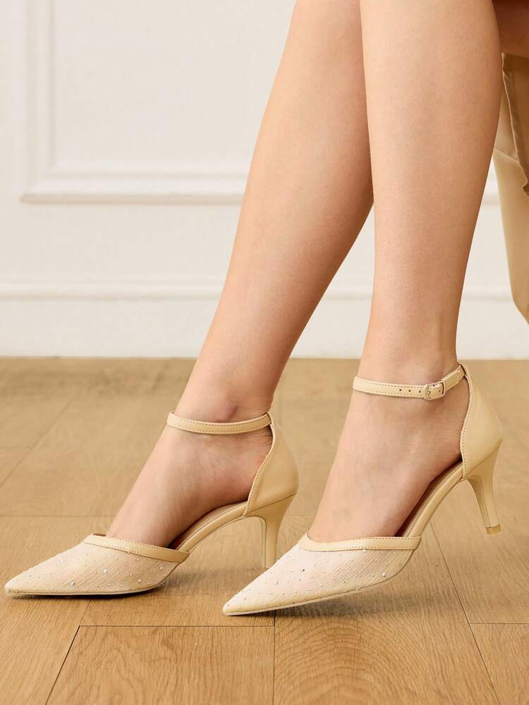 CUCCOO HITCHD Women's Pointy Toe Low Heel White Pearl Sequin Hollow Ankle Strap High Heel Pumps