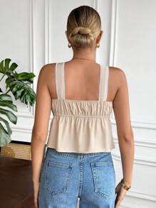 SHEIN Frenchy Women's Square Collar Lace Neckline Floral Print Tie Front Tank Top,Beige Summer Boho Brunch Holiday,French Casual Daily Wear,Business Office,Fall - Apricot - View 6