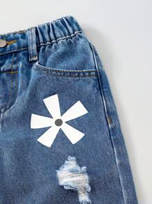 Denimly Girls Casual Daily Urban Street Cute Print Decor Distressed Design Simple Versatile Denim Jeans, Cute Jeans For Kids Flower Jeans, Cute Baggy Jeans
