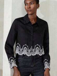 Aveloria Modichic Blusa de manga corta con cuello de volantes, bajo con bordado pesado y contraste de colores, de estilo elegante y estilizador - Negro - Ver 4