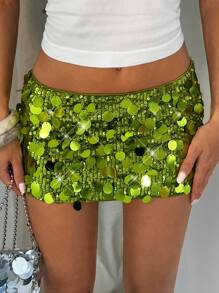 Glamine Women's Low Waist Shiny Sequin Bodycon Mini Skirt, Sexy Sequin Skirt Sequin Skirt Women Shorts - Green - View 2