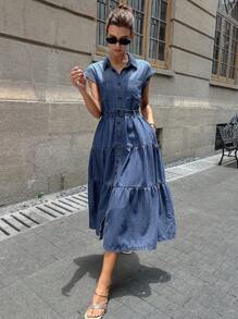 DAZY 女式休闲水洗前扣牛仔连衣裙 - 藍色 - 查看 1