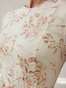 MOTF PREMIUM CONTRAST SEQUIN EMBROIDERY FLORAL PATTERN FLARE HEM LONG DRESS WITHOUT BELT - Apricot - View 2