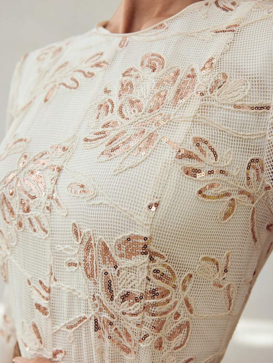 MOTF PREMIUM CONTRAST SEQUIN EMBROIDERY FLORAL PATTERN FLARE HEM LONG DRESS WITHOUT BELT - Apricot - View 2