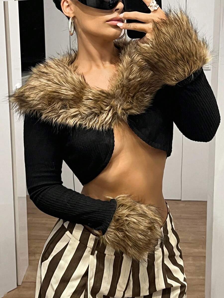 SHEIN ICON 性感人造毛領拼接長袖修身短版夾克 毛飾短上衣 秋季夜店外訪黑色 - 黑色 - 查看 1