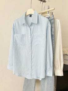 Elamini Áo sơ mi công sở dài tay in sọc có túi cài nút phía trước - Màu xanh lam - Xem 4