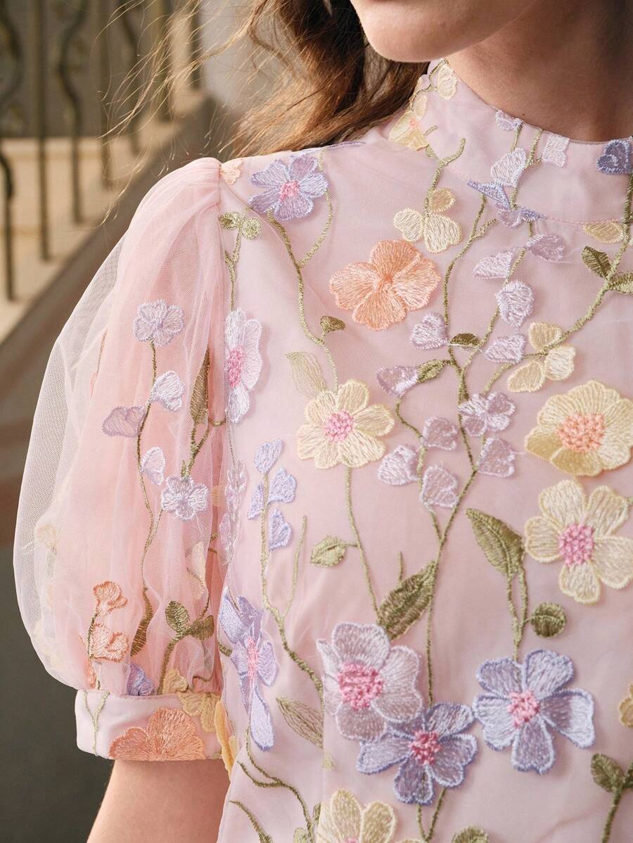 Anewsta 春夏新款女式都市优雅网眼提花刺绣 3D 花朵中长连衣裙，适合情人节、约会之夜、度假装