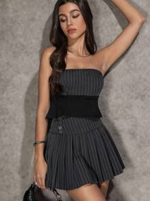 SHEIN LUNE 2件套女士条纹灰色短款上衣和迷你裙套装 - 灰色 - 查看 4