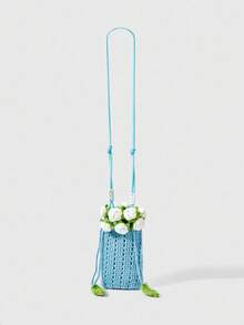 ROMWE Fairycore Fashion Contrast Color Rose Knit Tote Shoulder Bag - Blue - View 3