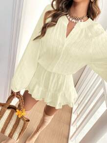 SHEIN Frenchy 女士度假休闲纯色灯笼袖连体衣 - 杏色 - 查看 3