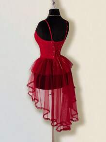 SHEIN ICON Áo hai dây Jacquard dành cho nữ, kiểu dáng gợi cảm, phù hợp cho các bữa tiệc và tụ họp, áo corset đỏ, áo voan đỏ, áo corset vạt trước ngắn vạt sau, trang phục dự tiệc mùa thu cho nữ, trang phục dự đám cưới, khách mời. - Đỏ - Xem 7