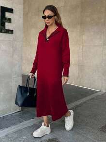 EURMUSE Abito in maglia con collo alla polo da donna - Rosso - Visualizzare 3